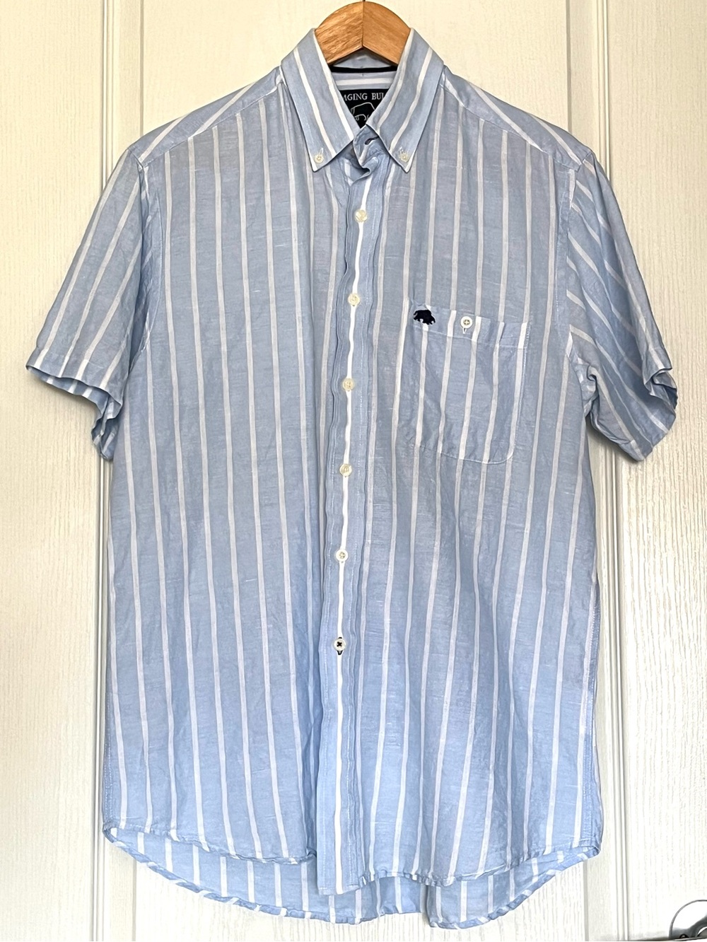Raging Bull Linen Cotton Striped Short Sleeve Shirt Blue White Size M Casual
